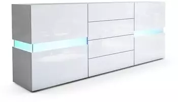 Vladon Flow Sideboard wei&szlig; hochglanz mit Ambient Light, 2 T&uuml;ren, 4 Schubladen (177x75x39cm)
