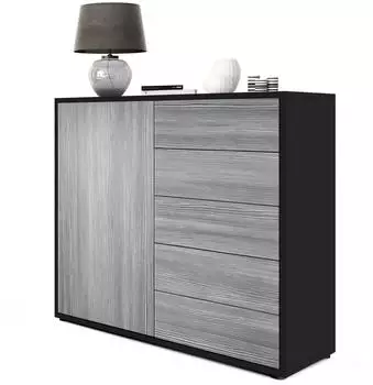 Vladon Ben V2 Kommode 1 T&uuml;r, 5 Schubladen, schwarz matt/Avola-Anthrazit (79x74x36cm)