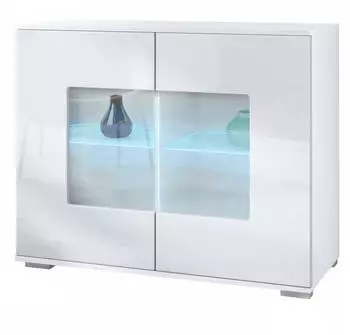 Vladon Gr&ouml;mitz V3 Kommode mit 2 Glast&uuml;ren und RGB-Beleuchtung, wei&szlig; matt/wei&szlig; hochglanz (92,5x75,5x35cm)