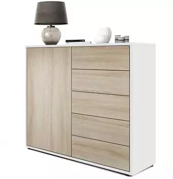 Vladon Kommode Ben V2 mit 1 Tür und 5 Schubladen, weiß matt/Eiche Sägerau (79x74x36cm)