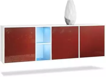 Vladon Cuba Sideboard 3 Türen, weiß matt/bordeaux hochglanz, LED, 182x53x35cm (800000568182)