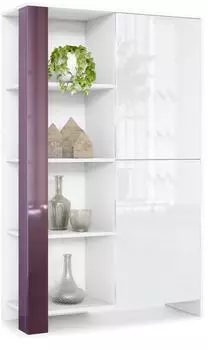 Vladon Canto Highboard 2 Türen, weiß matt / weiß hochglanz / brombeer hochglanz (95x151,5x36cm)