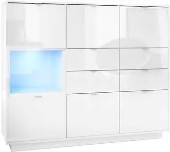 Vladon Highboard Metro V2 weiß Hochglanz, 6 Türen, 4 Schubladen, LED (Metro V2)