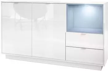 Vladon Metro Sideboard 2 Türen, 2 Schubladen, weiß hochglanz/Denim matt, LED