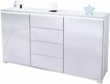 Vladon Sideboard Faro V1 wei&szlig; matt / wei&szlig; hochglanz, 2 T&uuml;ren, 4 Schubladen, LED (Faro V1)