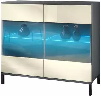 Vladon Bari V3 Sideboard mit Glastüren und RGB-Beleuchtung, anthrazit matt / creme hochglanz (50028552)