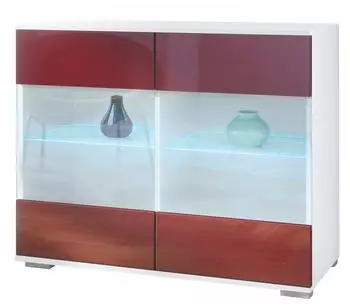 Vladon Bari V3 Kommode mit 2 Glastüren, RGB-Beleuchtung, weiß matt/bordeaux hochglanz (50028473)