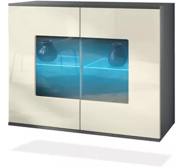 Vladon Gr&ouml;mitz V3 Kommode mit 2 Glast&uuml;ren, RGB-Beleuchtung, anthrazit matt/creme hochglanz (50028603)