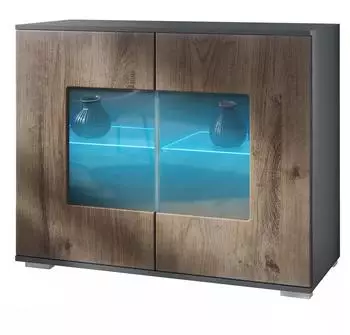 Vladon Gr&ouml;mitz V3 Kommode mit 2 Glast&uuml;ren und RGB-Beleuchtung, anthrazit matt/Eiche Ribbeck (50028858)