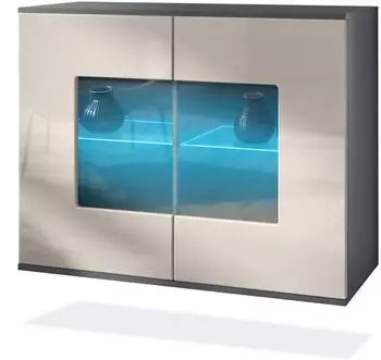 Vladon Gr&ouml;mitz V3 Kommode mit 2 Glast&uuml;ren, RGB-Beleuchtung, anthrazit matt/sandgrau hochglanz (50028606)