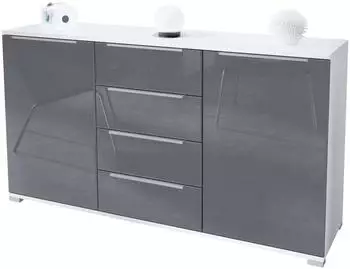Vladon Linio V1 Sideboard mit 2 Türen und 4 Schubladen, weiß matt/grau hochglanz (138,5x75,5x35cm)