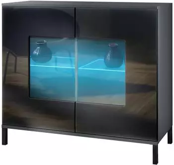 Vladon Grömitz V3 Kommode mit 2 Glastüren und RGB-Beleuchtung, anthrazit matt/schwarz hochglanz (50028585)