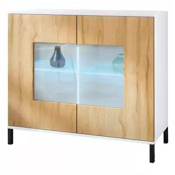Vladon Grömitz V3 Kommode mit 2 Glastüren und RGB-Beleuchtung, weiß matt/Eiche Natur (92,5x83,5x35cm)