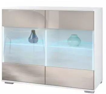 Vladon Bari V3 Kommode mit 2 Glastüren und RGB-Beleuchtung, weiß matt / sandgrau hochglanz (92,5x75,5x35cm)