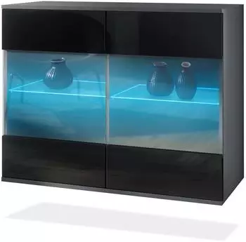 Vladon Bari V3 Sideboard mit Glastüren & RGB-Beleuchtung, anthrazit/schwarz hochglanz (50028568)