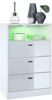 Vladon Pino V2 Kommode 3 Schubladen, offenes Fach, RGB-Beleuchtung, weiß matt/weiß hochglanz (50026994)