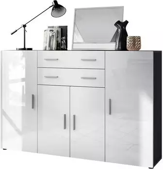 Vladon Aron Highboard 4 Türen, 2 Schubladen, anthrazit matt/weiß hochglanz (50026526)