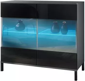 Vladon Bari V3 Kommode mit Glastüren und RGB-Beleuchtung, anthrazit matt / schwarz hochglanz (50028550)