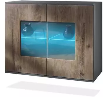 Vladon Gr&ouml;mitz V3 Kommode mit 2 Glast&uuml;ren, RGB-Beleuchtung, anthrazit matt/Eiche Ribbeck (50028861)
