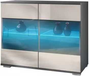 Vladon Bari V3 Kommode mit Glastüren & RGB-Beleuchtung, anthrazit matt / sandgrau hochglanz (Bari V3)