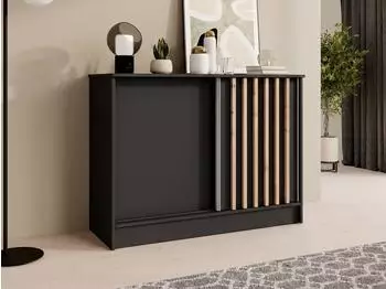 Beautysofa Horizon Kommode mit 2 Schiebetüren, Lamellen, schwarz/Eiche Artisan, 100cm