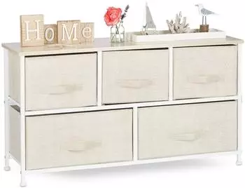 Relaxdays Schubladenbox 5 Stoff-Schubladen, Metall & Holz, 54,5x100x30cm, beige