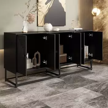 Stilvora Sideboard mit 3 Doppelt&uuml;ren, schwarz matt, 160&times;38&times;75,5cm