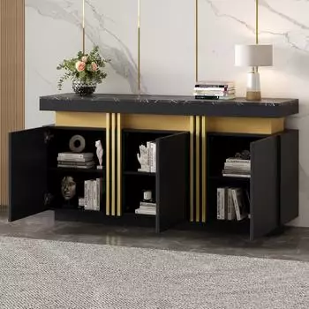 Stilvora Sideboard 3 T&uuml;ren, 6 F&auml;cher, verstellbare Einlegeb&ouml;den, schwarz, 140&times;38&times;70cm (QTEZXP0RIFF3ME8N)