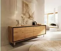 DELIFE Sideboard Stonegrace 200 cm Eiche Natur 4 T&uuml;ren Fu&szlig; Vierkant Edelstahl