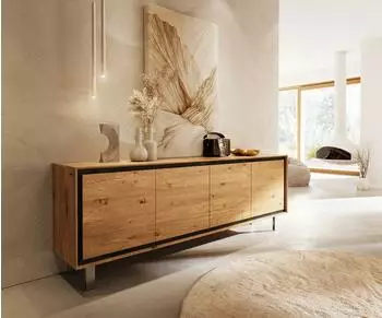 DeLife Stonegrace Sideboard 200cm, Eiche natur, 4 T&uuml;ren, Edelstahl geb&uuml;rstet