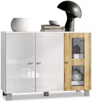 Vladon Denjo Sideboard 3 Türen, weiß matt/weiß Hochglanz/Eiche Natur, 107x81x35cm