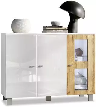 Vladon Denjo Sideboard 3 Türen, weiß matt/weiß glänzend/Eiche Natur, LED, 107x81x35cm