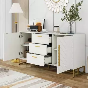 Stilvora Sideboard mit 2 T&uuml;ren, 3 Schubladen, verstellbaren Einlegeb&ouml;den, MDF, wei&szlig;