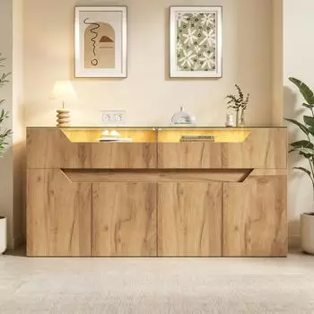 Stilvora Sideboard in Holzoptik mit gehärteter Glasplatte, 2 Schubladen, 140x40x70cm
