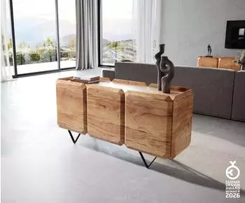 DeLife Kiano Sideboard Akazie natur 145cm, 3 Türen, V-Fuß schwarz
