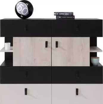 Masseno ISEO Sideboard 6 Schubladen, 4 T&uuml;ren, 110x40x90cm, schwarz/eichefarben