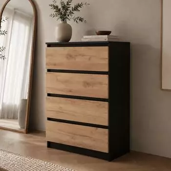 Home Collective Kommode mit 4 grifflosen Schubladen, schwarz/Craft-Eiche, 70x40x100cm