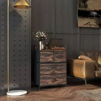 HomCom Kommode mit 4 faltbaren Schubladen aus Stoff, Stahlgestell, rustikal-braun (29x85x60cm)