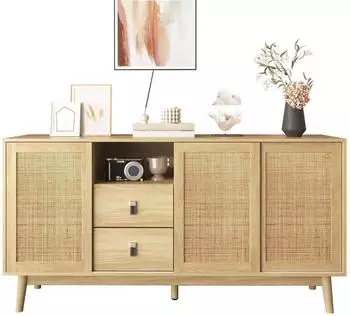 LuxusKollektion Sideboard 155cm, 3 Rattan-Schiebetüren, 2 Schubladen, holzfarben