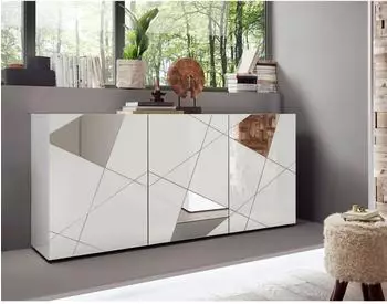 Homemania Vittoria Sideboard 3 Türen, Hochglanz weiß mit Spiegel-Siebdruck (181cm)
