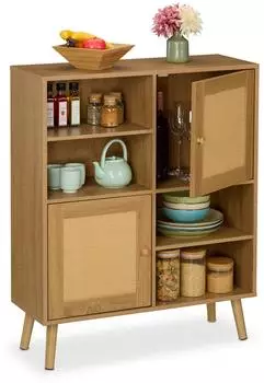 Relaxdays Sideboard mit Rattan, 2 T&uuml;ren, 97x80x29cm
