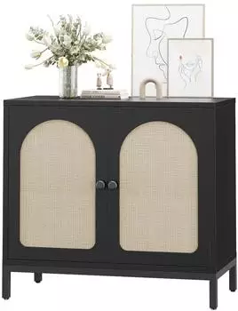 LuxusKollektion Sideboard mit 2 Rattan-T&uuml;ren, 2 F&auml;cher, schwarz, 80x40x72cm