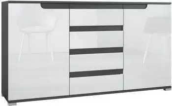 Vladon Sideboard Sylt V1, 2 Türen & 4 Schubladen, weiß hochglanz / anthrazit matt (50029527)