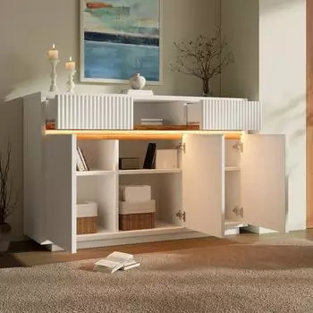 MODFU Sideboard wei&szlig; mit LED, 2 Schubladen & 3 T&uuml;ren, 140x40x85cm