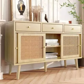 OKWISH Sideboard MDF Eiche mit Rattangeflecht, 3 Schubladen, 3 Schiebet&uuml;ren, 120x40x78cm