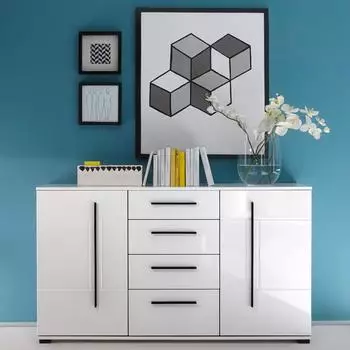 Lomado Sideboard COLORADO-61 weiß Hochglanz, schwarze Relingstgriffe, 150x86x42cm (5WiX9052)