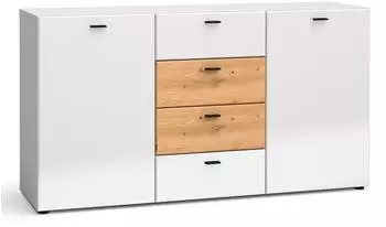 Feldmann-Wohnen Oviedo Kommode 2 Türen, 4 Schubladen, 150x40x81cm, weiß matt/Hochglanz Artisan Eiche