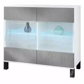 Vladon Bari V3 Kommode mit 2 Glast&uuml;ren & RGB-Beleuchtung, wei&szlig; matt/Scratchy Metal (92,5x84,5x35cm)