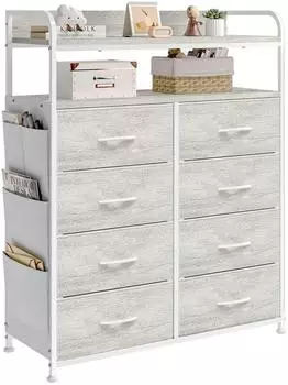 LuxusKollektion Kommode 8 Stoffschubladen, 2 Holzregale, Seitentaschen, weiß-eiche