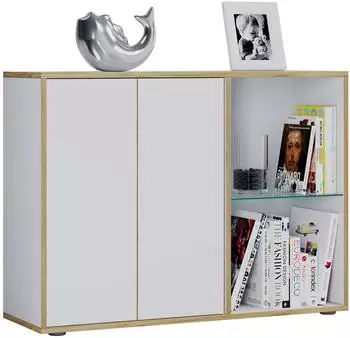 VCM Salia Sideboard mit Dreht&uuml;ren und Glasboden, 100cm, wei&szlig;